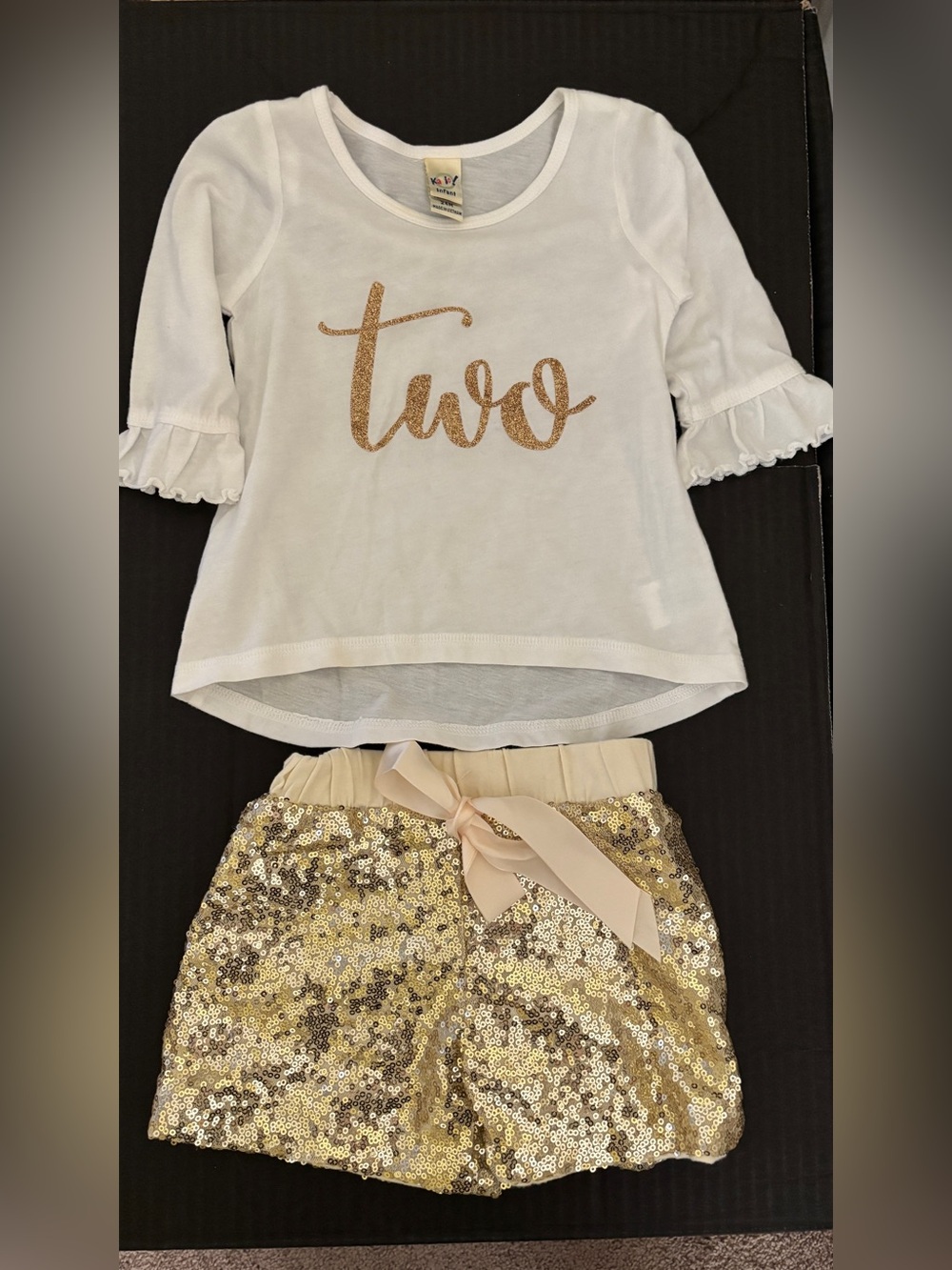 White "two" Top with Gold Sequin Shorts